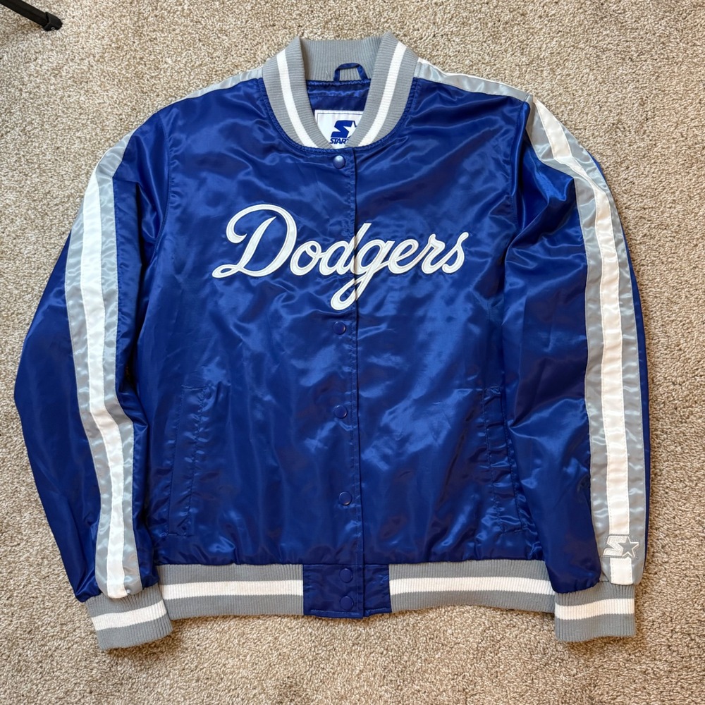 Starter Varsity Jacket Women XL Blue LA Dodgers Satin Snap Front Bomber MLB
